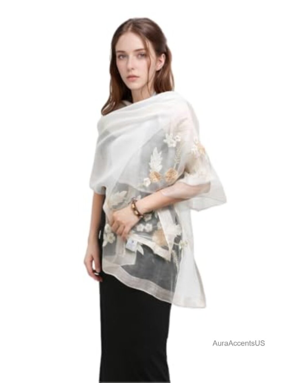 Sheer Silk Blend Embroidered Floral Shawl Wrap Scarf